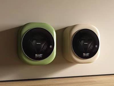Two Modern Wall Mounted Washing Machines With Square Design Green And Cream Colors 3d model