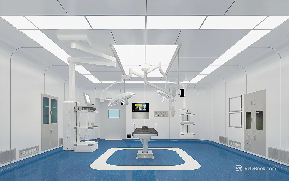 Modern Operating Room Interior With Blue Floor Surgical Table Lights And Medical Equipment 3d model 
