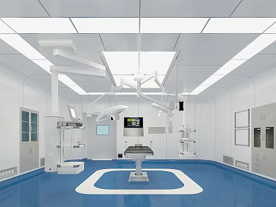 Modern Operating Room Interior With Blue Floor Surgical Table Lights And Medical Equipment 3d model