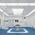 Modern Operating Room Interior With Blue Floor Surgical Table Lights And Medical Equipment