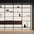Modern Bookcase With Metal Frame Glass Shelves Wooden Drawers And Decorative Items