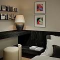 Modern Bedroom Interior With Comfortable Bed Pillows Nightstand Lamp Area Rug And Wall Art