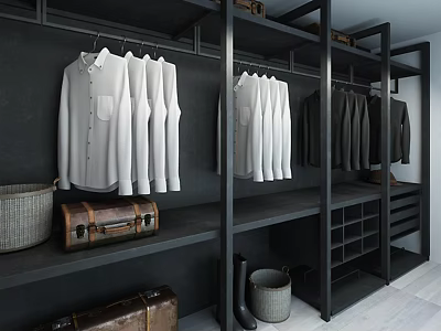 Contemporary Closet Interior With White Shirts Dark Coats Suitcase Basket And Boots On Black Shelves 3d model