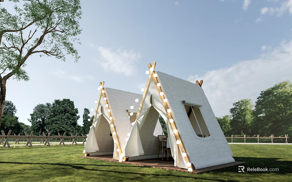 White Canvas Triangle Tent In Outdoor Grassland With String Lights And Trees 3d model