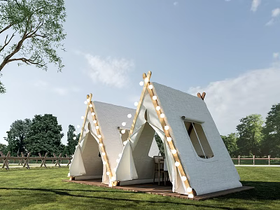 White Canvas Triangle Tent In Outdoor Grassland With String Lights And Trees 3d model