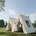 White Canvas Triangle Tent In Outdoor Grassland With String Lights And Trees 3d model