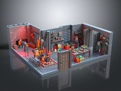 Cartoon Indoor Workshop Scene Featuring Little Characters Various Tools Boxes Shelves And Workbenches 3d model