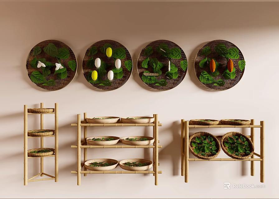 Wall Decorative Plates with Green Plants Small Objects Bamboo Multi Layer Shelves and Plant Ornaments 3d model 