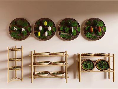 Wall Decorative Plates with Green Plants Small Objects Bamboo Multi Layer Shelves and Plant Ornaments 3d model