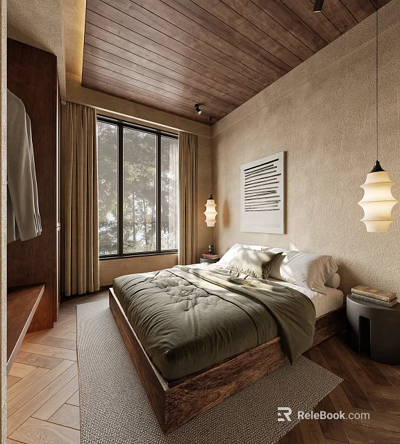 Natural Bedroom Interior With Wooden Ceiling Large Window Green Quilt Bed And Table Lamp 3d model 