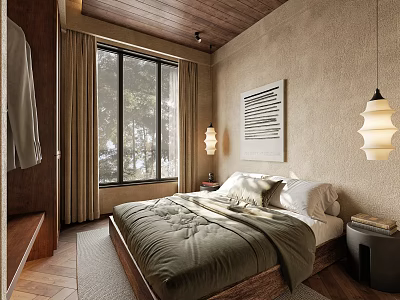 Natural Bedroom Interior With Wooden Ceiling Large Window Green Quilt Bed And Table Lamp 3d model