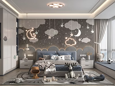 Starry Sky Themed Kids Room Interior With Cloud Decorations Moon Lights And Stuffed Toys 3d model