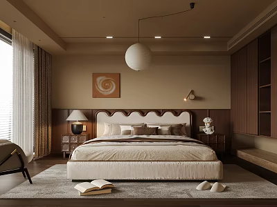 Warm Neutral Modern Bedroom Interior With Beige Upholstered Bed Round Pendant Light And Area Rug 3d model