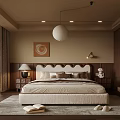 Warm Neutral Modern Bedroom Interior With Beige Upholstered Bed Round Pendant Light And Area Rug