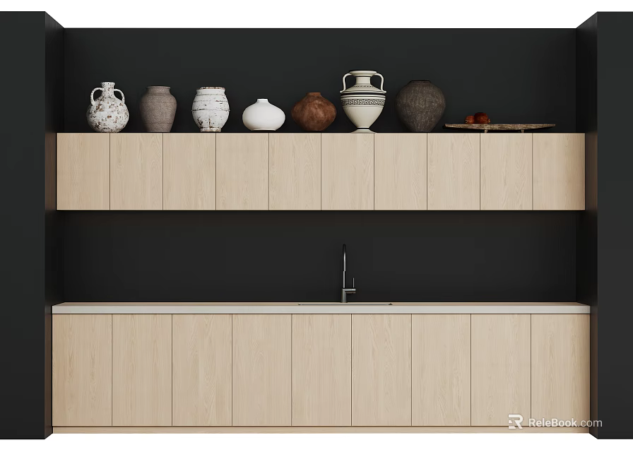 Light Wood Display Cabinet with Black Background and Various Vases on Two Tier Shelves 3d model 