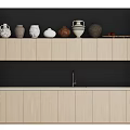 Light Wood Display Cabinet with Black Background and Various Vases on Two Tier Shelves