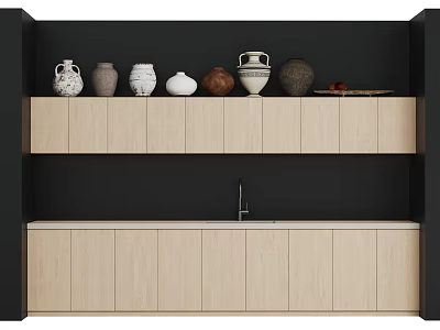 Light Wood Display Cabinet with Black Background and Various Vases on Two Tier Shelves 3d model