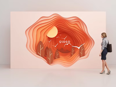 Shopping Mall Store Decorative Display Featuring Orange Paper Cut Art Sun Trees And Birds Logo 3d model