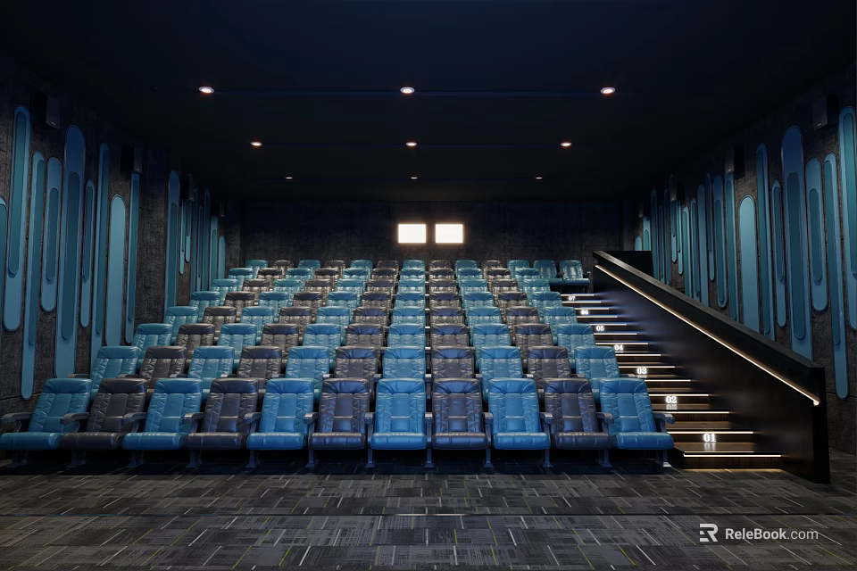 Modern Cinema Interior With Blue Comfortable Seats Arranged In Stepped Rows Under Soft Ceiling Lights 3d model 