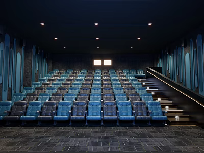 Modern Cinema Interior With Blue Comfortable Seats Arranged In Stepped Rows Under Soft Ceiling Lights 3d model