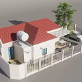 White Single Story House With Red Roof Porch Fence Gate And Front Tree