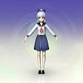 Anime Game Character With Silver Hair In School Uniform Red Necktie And Blue Pleated Skirt