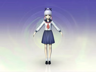 Anime Game Character With Silver Hair In School Uniform Red Necktie And Blue Pleated Skirt 3d model