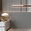 Modern Bedroom Accent Wall With Wooden Slats Gray Panels And Decorative Artwork