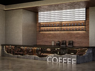 Modern Industrial Café Interior With Brick Wall Bar Counter Coffee Machines And Bean Jars 3d model