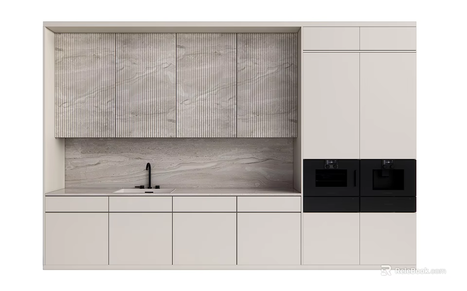 Modern Kitchen Cabinets With Light Wood Grain Panels And Black Oven Appliances 3d model 