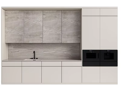 Modern Kitchen Cabinets With Light Wood Grain Panels And Black Oven Appliances 3d model