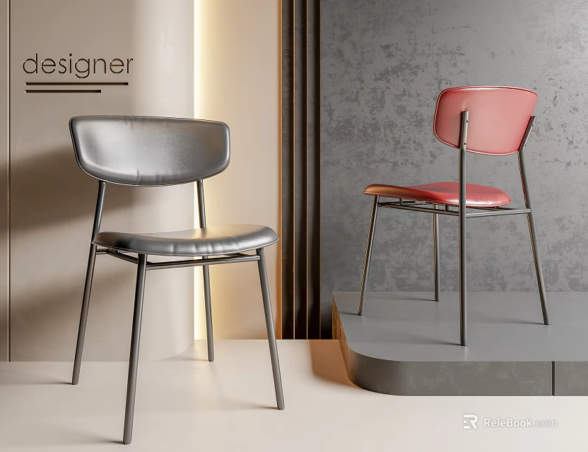 Modern Gray And Pink Dining Chairs With Leather Seats And Metal Frames 3d model 