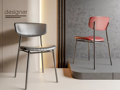 Modern Gray And Pink Dining Chairs With Leather Seats And Metal Frames 3d model