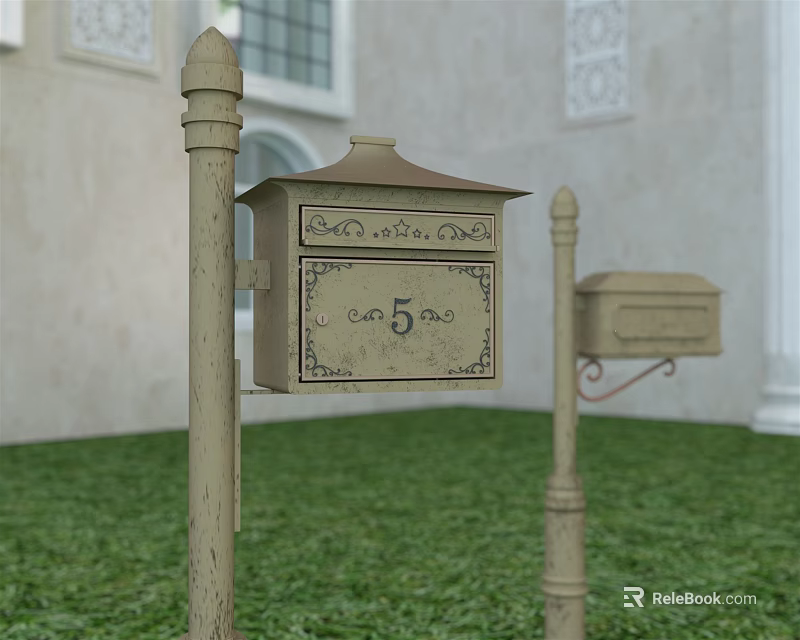 Vintage Public Mailbox Facility With Carved Details On Beige Posts In Grass Lawn 3d model 