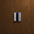 White Wall Mounted Industrial Control Device With Blue Display Screen On Wooden Wall
