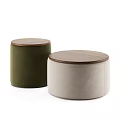 Modern Round Ottoman with Wooden Top Green and Beige Velvet Fabric Home Decor