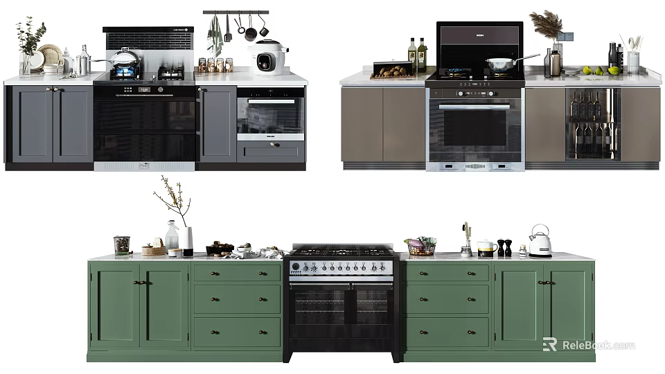 Modern Kitchen With Green Gray Cabinets Oven Stove And Kitchen Appliances 3d model 
