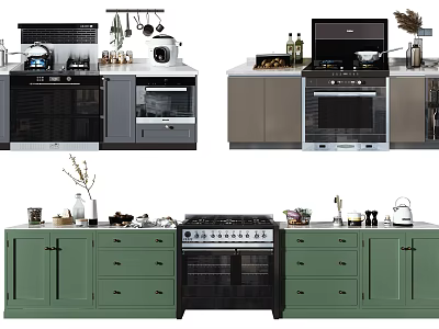 Modern Kitchen With Green Gray Cabinets Oven Stove And Kitchen Appliances 3d model