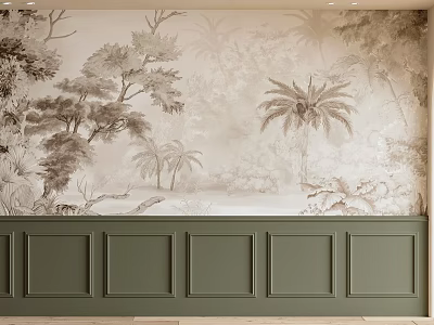 Vintage Forest Pattern Wall Mural With Beige Green Wooden Paneling And Plants 3d model