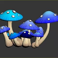 Fresh Blue Mushrooms With White Spots And Reflections On Dark Surface