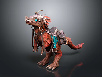 Mythical Dragon Like Creature With Red Orange Scales Blue Eyes Leather Saddle Harness Rider Mount 3d model