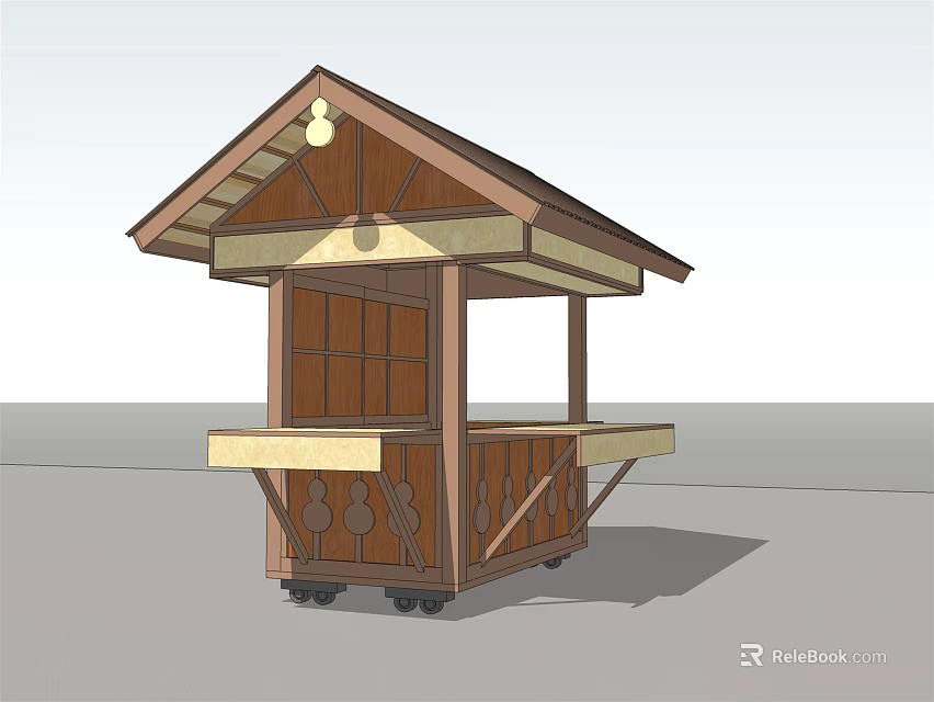 Traditional Wooden Mobile Kiosk Structure With Sloped Roof And Counter Design 3d model 