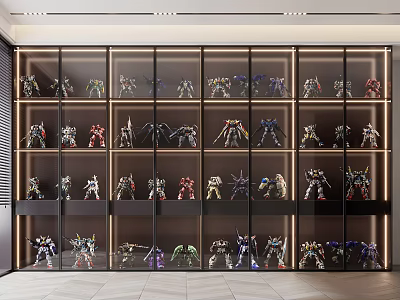 Modern Display Cabinet With Glass Doors And Robot Models On Multiple Shelves With Interior Lighting 3d model