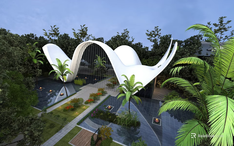 Modern Museum Building With Curved White Structure And Palm Tree Garden Water Features 3d model 