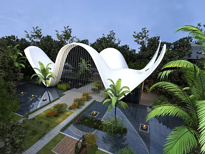 Modern Museum Building With Curved White Structure And Palm Tree Garden Water Features 3d model