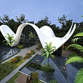 Modern Museum Building With Curved White Structure And Palm Tree Garden Water Features