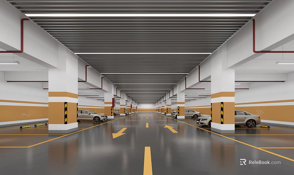 Indoor Parking Garage With Yellow Arrows White Yellow Columns And Ceiling Lights 3d model 