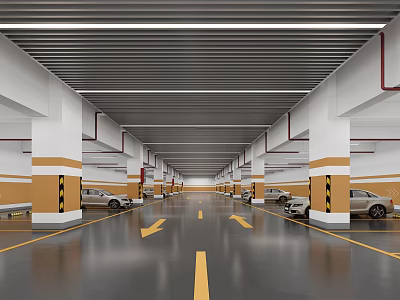 Indoor Parking Garage With Yellow Arrows White Yellow Columns And Ceiling Lights 3d model