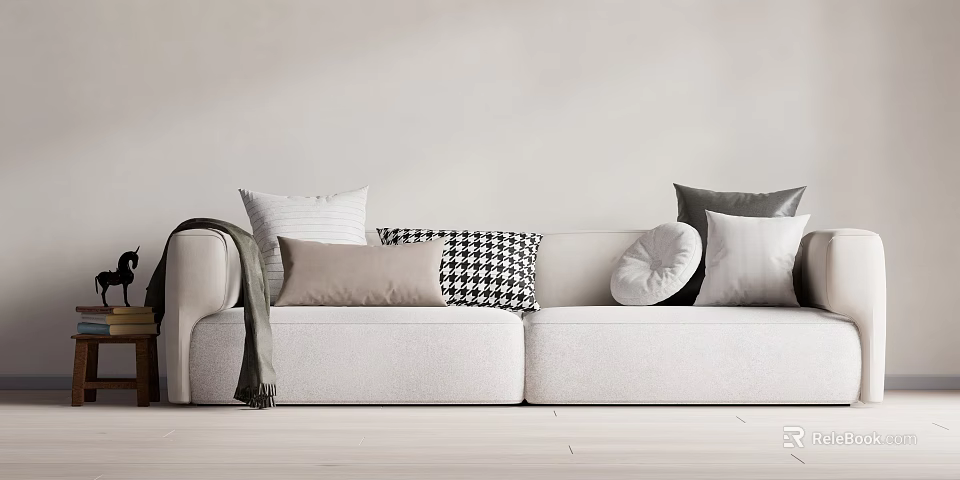 Elegant White Two Seater Sofa With Neutral Toned Cushions Checkered Pattern And Round Bolster 3d model 