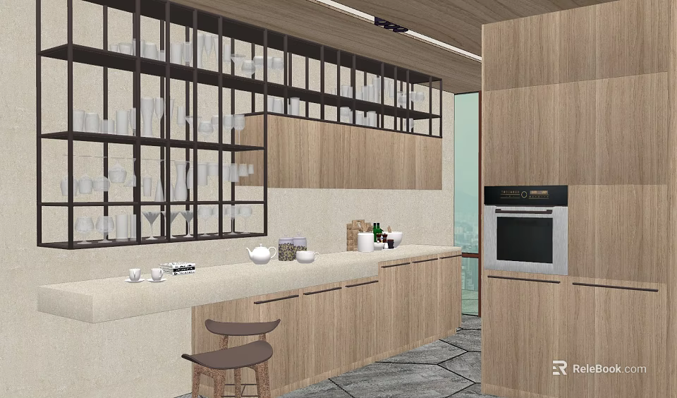 Modern Open Kitchen Interior With Wooden Cabinets Glass Door Display Shelf And Counter With Items 3d model 